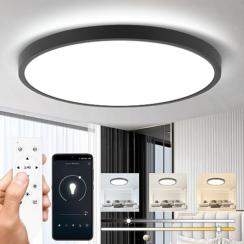 Flush Mount LED Ceiling Light Fixture with Remote Control, 24W 12In Bedroom Lights for Ceiling, 2700K-6500K CCT, Stepless Dimming, Night Light Mode, 2520 LM, Black Ultra Thin Ceiling Lamp for Kitchen Flush Mount LED Ceiling Light Fixture with Remote Control, 24W 12In Bedroom Lights for Ceiling, 2700K-6500K CCT, Stepless Dimming, Night Light Mode, 2520 LM, Black Ultra Thin Ceiling Lamp for Kitchen