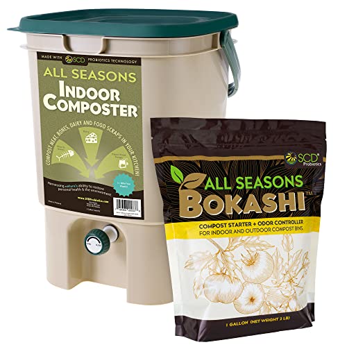 All Seasons Indoor Composter Starter Kit – 5 Gallon Tan Compost Bin For Kitchen Countertop With Lid, Spigot & 1 Gallon (2 lbs.) Bag Of Dry Bokashi Bran – by SCD Probiotics All Seasons Indoor Composter Starter Kit – 5 Gallon Tan Compost Bin For Kitchen Countertop With Lid, Spigot & 1 Gallon (2 lbs.) Bag Of Dry Bokashi Bran – by SCD Probiotics