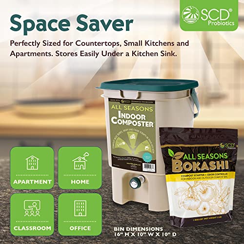 All Seasons Indoor Composter Starter Kit – 5 Gallon Tan Compost Bin For Kitchen Countertop With Lid, Spigot & 1 Gallon (2 lbs.) Bag Of Dry Bokashi Bran – by SCD Probiotics All Seasons Indoor Composter Starter Kit – 5 Gallon Tan Compost Bin For Kitchen Countertop With Lid, Spigot & 1 Gallon (2 lbs.) Bag Of Dry Bokashi Bran – by SCD Probiotics
