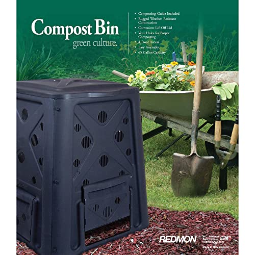 Redmon 65 Gallon Outdoor Compost Bin with Snapping Lift Off Lid, 4 Door Access, and Multiple Vent Holes for Garden and Landscaping, Black Redmon 65 Gallon Outdoor Compost Bin with Snapping Lift Off Lid, 4 Door Access, and Multiple Vent Holes for Garden and Landscaping, Black