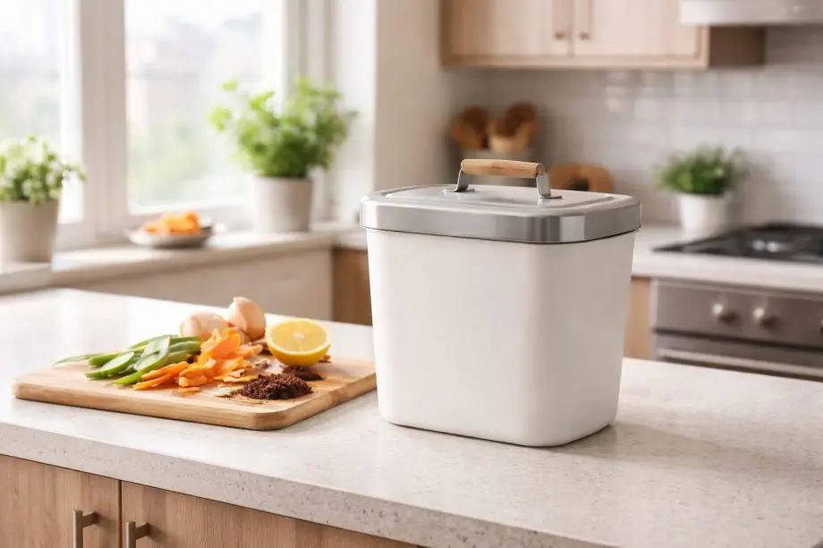 Composting at Home What Actually Works - Even in Apartments - Composting at home in an apartment kitchen with a small countertop compost container and food scraps