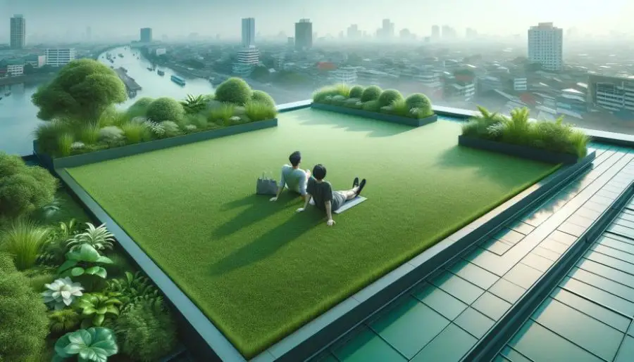 couple relaxing on a green roof