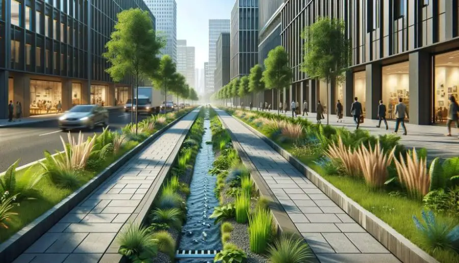 A bioswale in the city