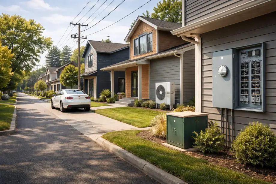Electrification Explained - Suburban street with modern energy upgrades