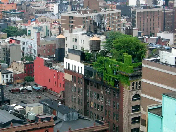 Apartment building with a green roof in middle of the city