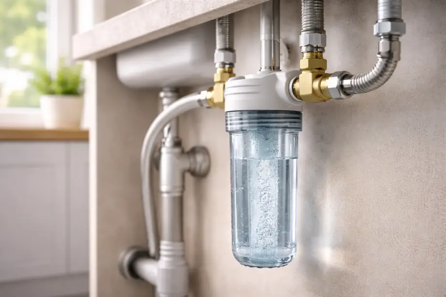 How-Do-Water-Filters-Work - Clear water flowing through a transparent household water filter showing how filtration works