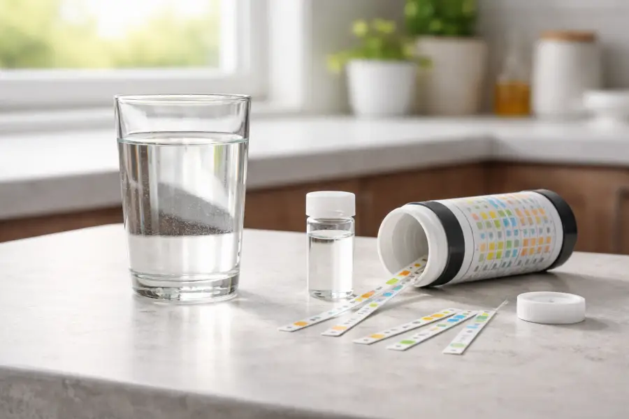 How to Test Tap Water at Home - Home tap water testing using test strips and a clear glass of water on a kitchen counter