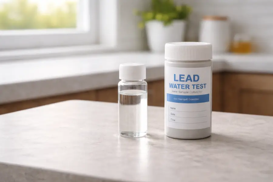 How to Test for Lead in Tap Water: Lead water testing sample bottle and test container on a kitchen table