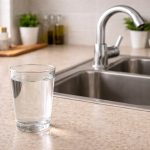 Is Hard Water Bad for You - clear glass of tap water on a clean countertop near a stainless steel sink with a chrome faucet