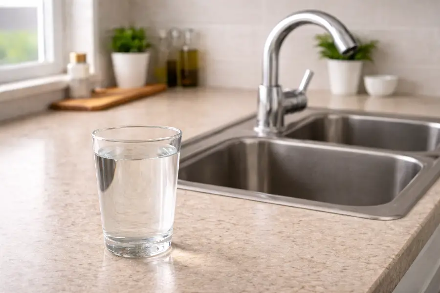 Is Hard Water Bad for You - clear glass of tap water on a clean countertop near a stainless steel sink with a chrome faucet