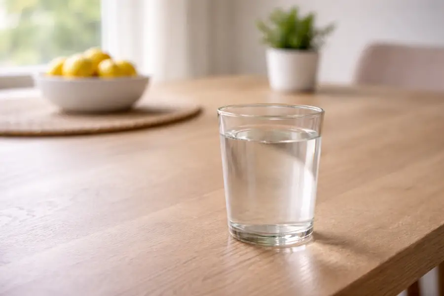 Glass of tap water on a table representing drinking water safety
