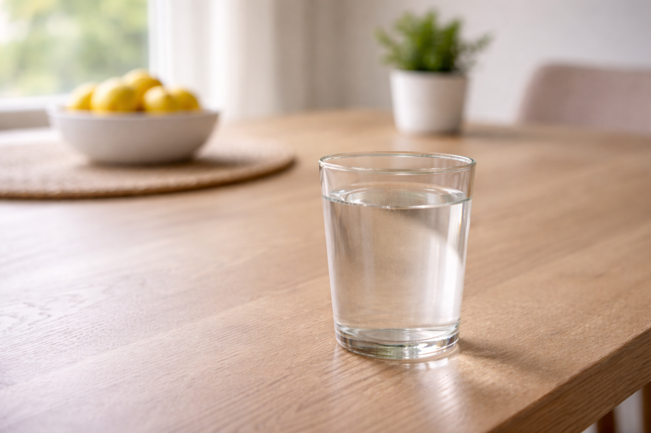 Glass of tap water on a table representing drinking water safety