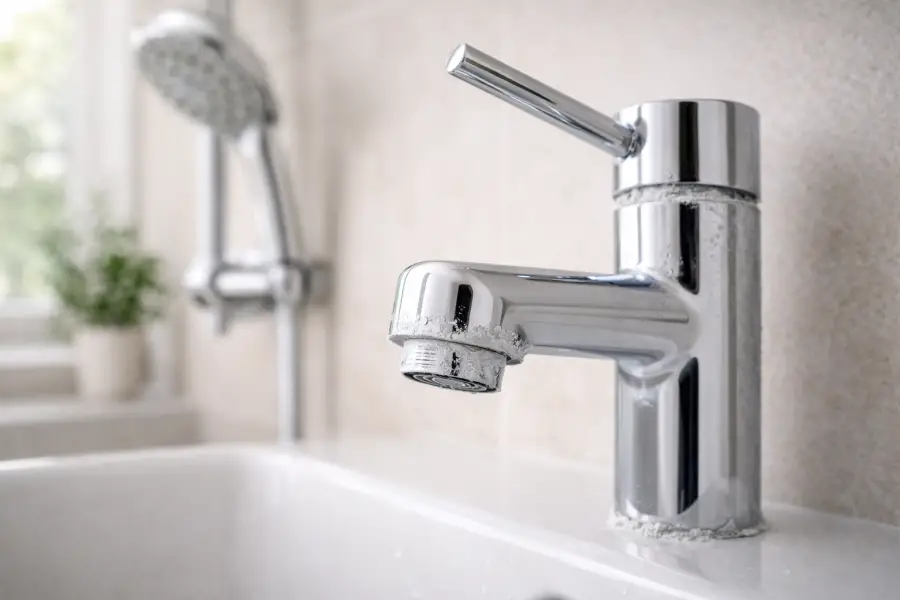 Mineral scale buildup on a bathroom faucet showing signs of hard water