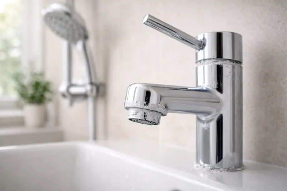 Mineral scale buildup on a bathroom faucet showing signs of hard water