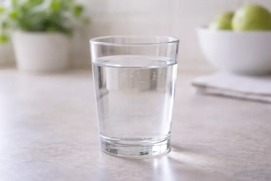 clear glass of tap water on a kitchen counter in natural light