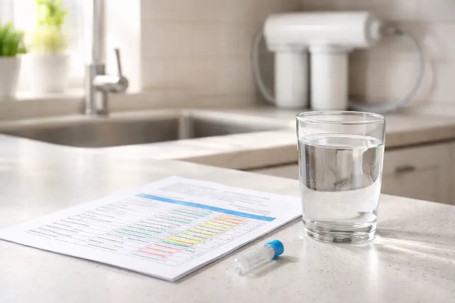 Water Testing vs Water Treatment - Water test report with glass of water