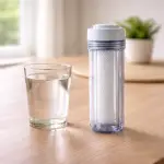 What Do Water Filters Remove? Transparent water filter cartridge next to a glass of water showing filtration results