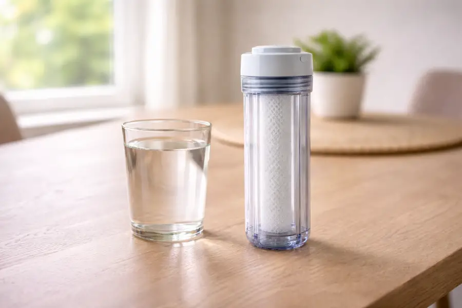 What Do Water Filters Remove? Transparent water filter cartridge next to a glass of water showing filtration results