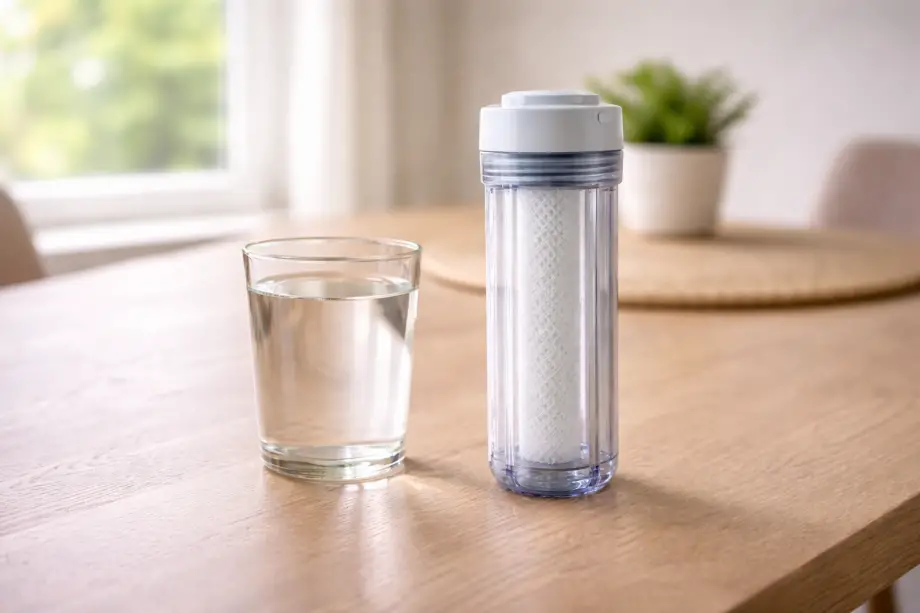 What Do Water Filters Remove? Transparent water filter cartridge next to a glass of water showing filtration results