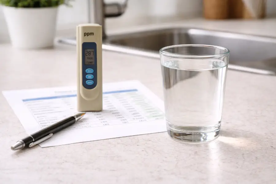 What Does ppm Mean on a Water Test - Water test setup on kitchen countertop
