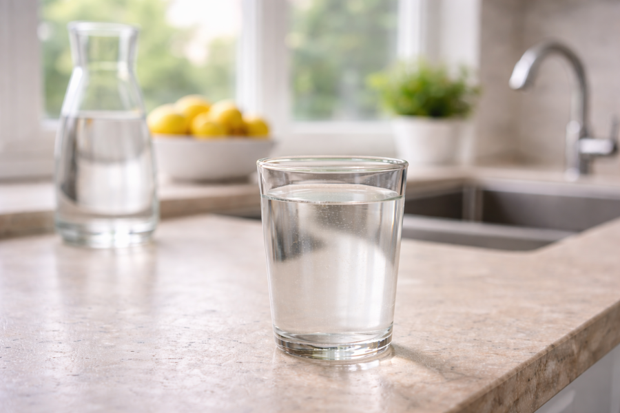 What Is in Tap Water - Glass of clear tap water on a kitchen counter representing household water basics