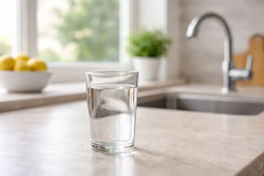 Why Does My Tap Water Taste Weird - Glass of tap water on a kitchen counter representing unusual or strange taste in household water