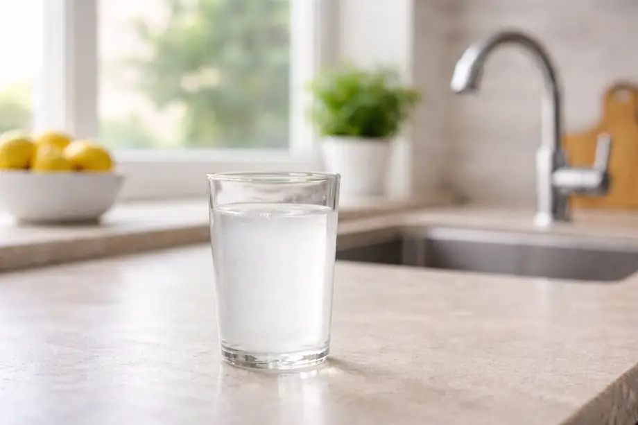 Why Is My Tap Water Cloudy or Milky: What’s Normal - Glass of tap water that looks cloudy or milky on a kitchen counter
