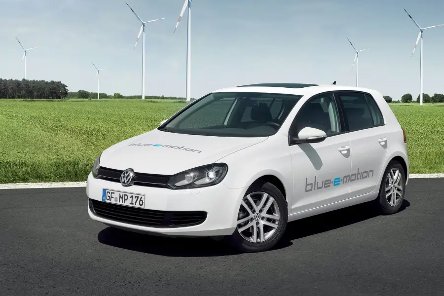 The Future of Renewable Energy and Electric Vehicles -Volkswagen Golf Blue E Motion and wind turbines